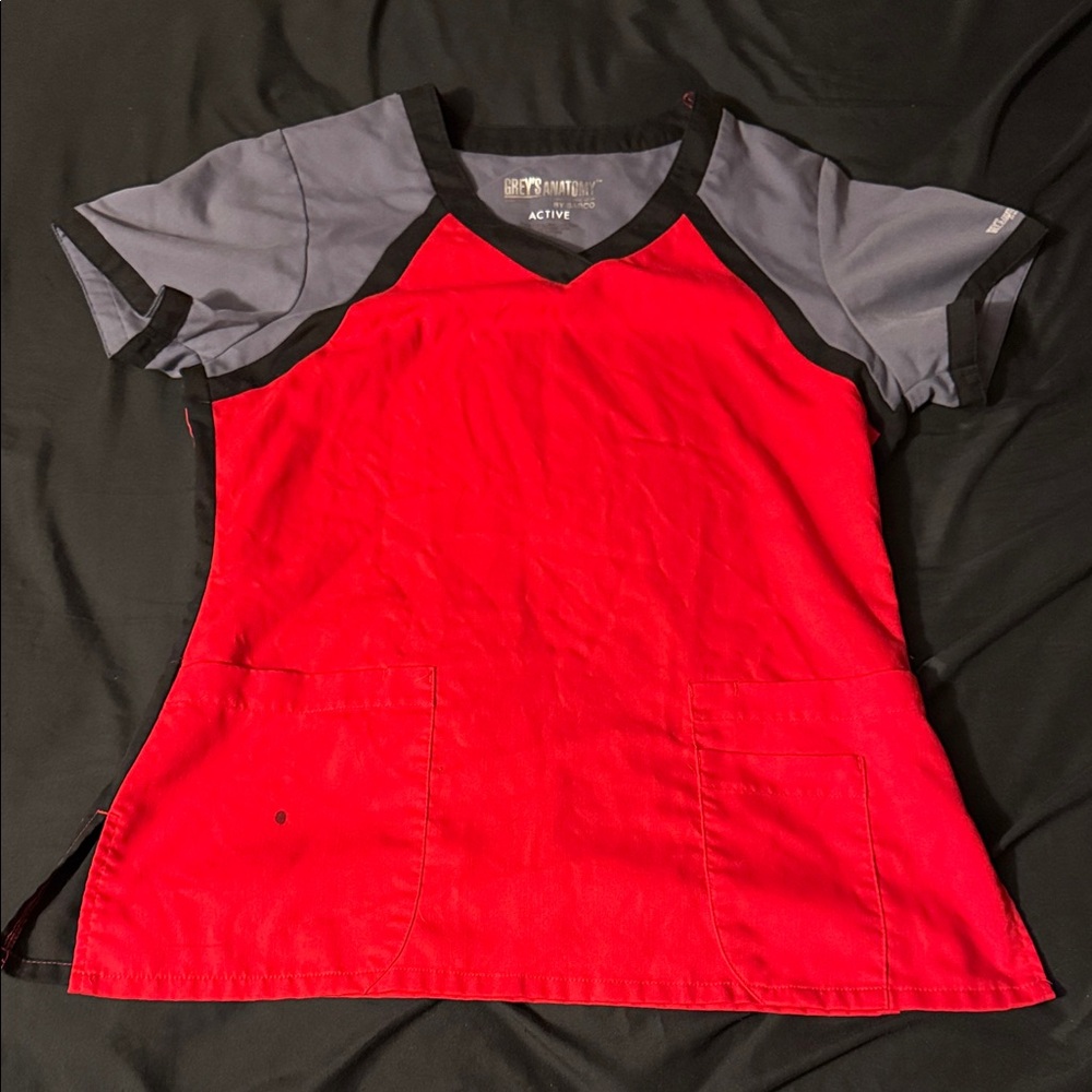 Grey's Anatomy Active Red and Gray V-Neck Scrub Top